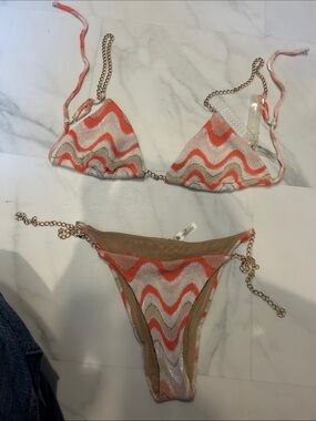 DEVON WINDSOR Coral and Beige Wave Chain-Trim Bikini